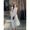 French high-end small flying sleeve suspender skirt children's summer casual girl thin square neck blue floral dress