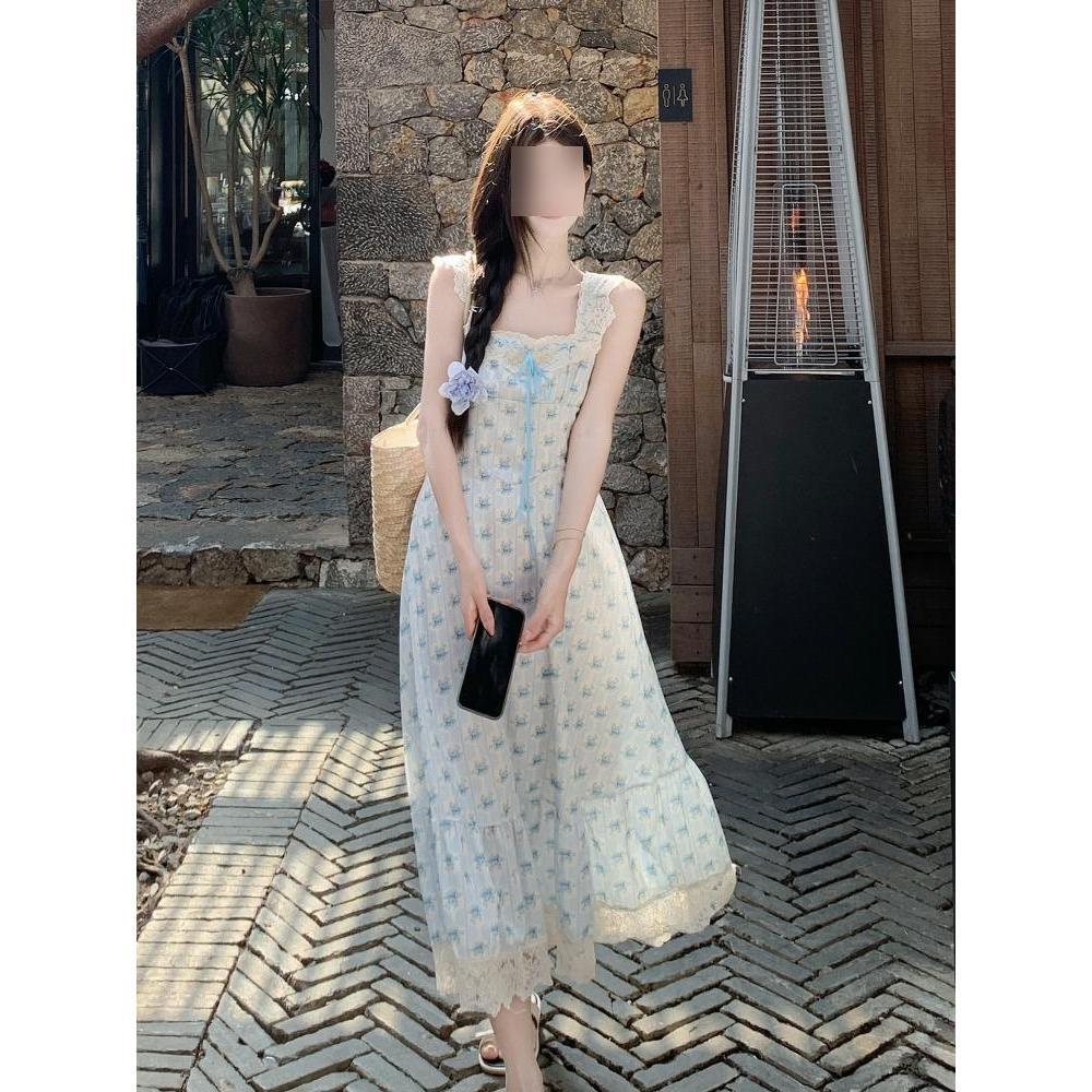 French high-end small flying sleeve suspender skirt children's summer casual girl thin square neck blue floral dress