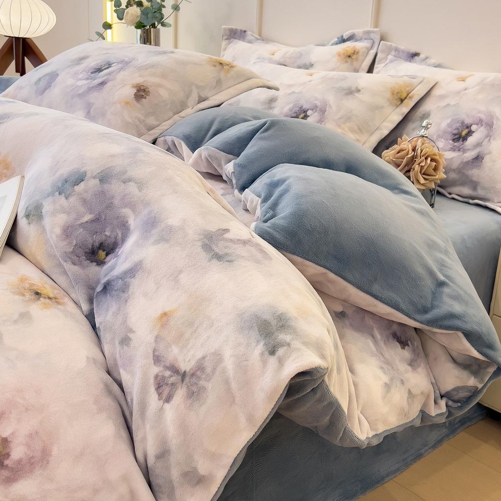 Thickened Milk Fleece Bed Four-Piece Set Double-Sided Fleece Quilt Cover Bed Sheet Coral Flannel Bedding