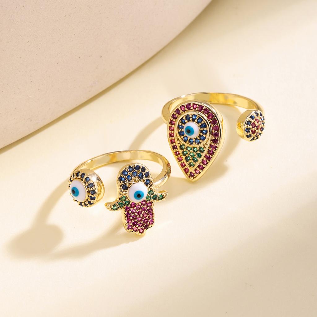 Nidin Trendy Ring Turkish Evil Eye Hamsa Hand Open Adjustable For Women Vintage Colorful Zircon Bohemia Style Finger Jewelry