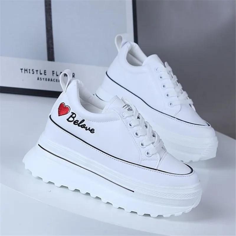 Fashion Spring Autumn Women High Platform Shoes 9CM Comfortable Chunky Sneakers Breathable Leather Wedges Casual Sport  Walking Shoes