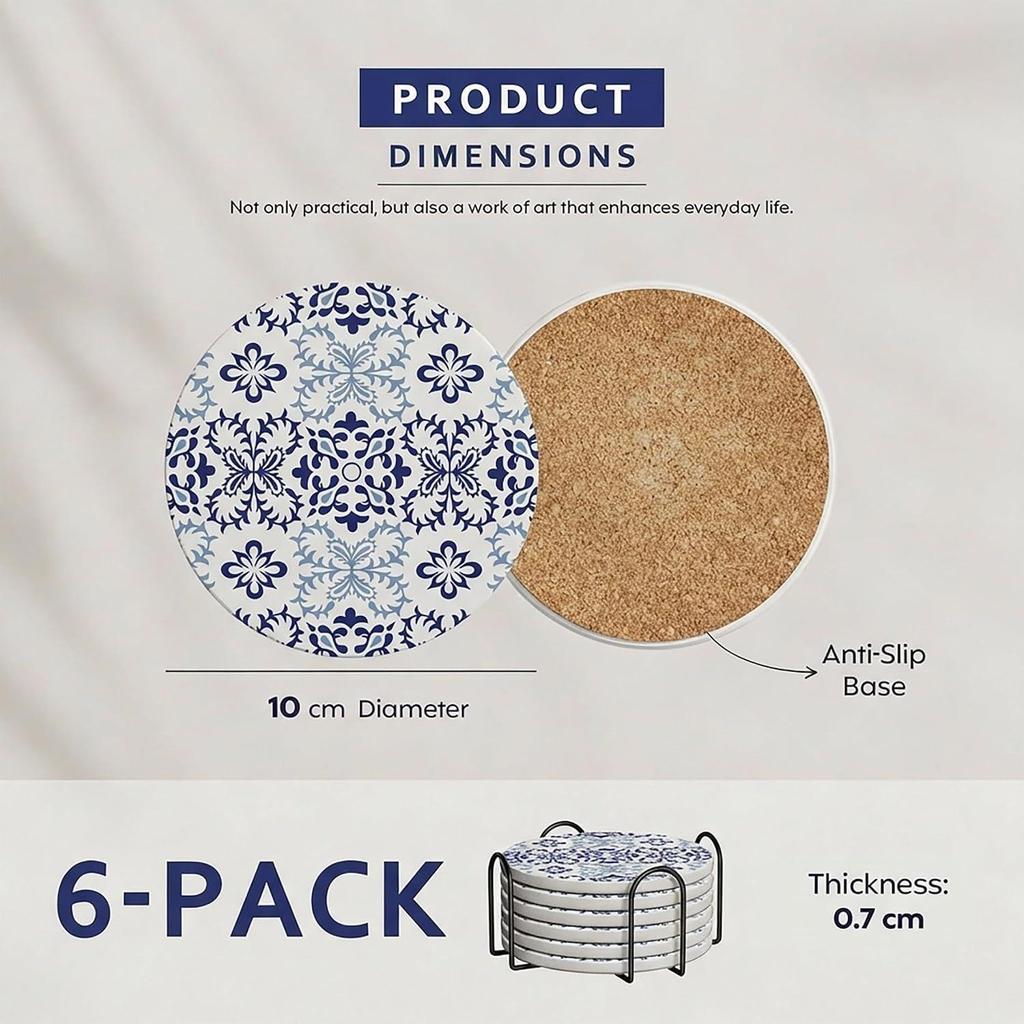 Ceramic Coasters with Matt Finish On Top & Cork Base | Coasters for Cups Set of 6