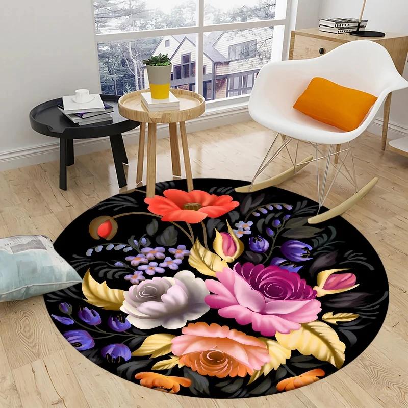 Peony Rose Flower Round Carpet Botanical Floral Area Rug Soft Non-slip Circle Floor Mat for Bedroom Living Room Chair Sofa Decor