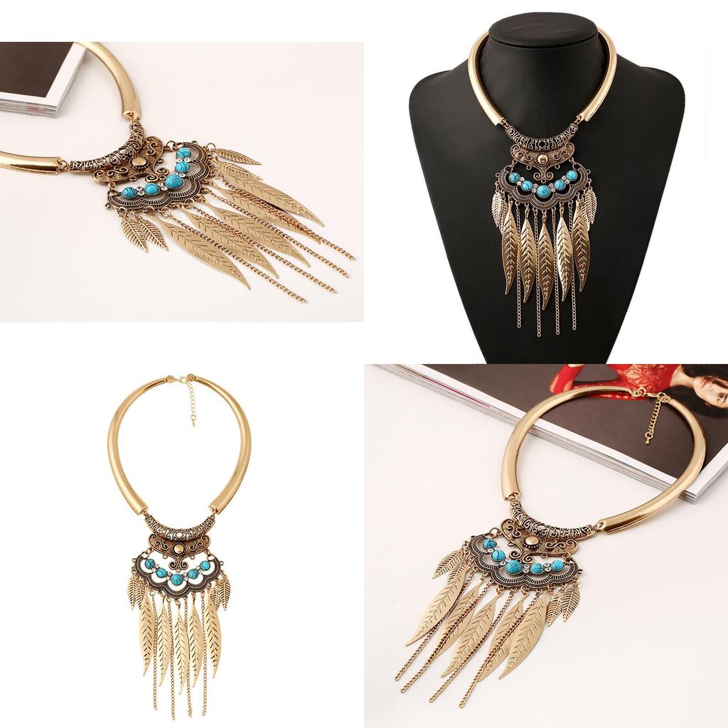 Vintage Gold Leaf Pendant Necklace With Tassel For Boho Fashion And Casual Wear