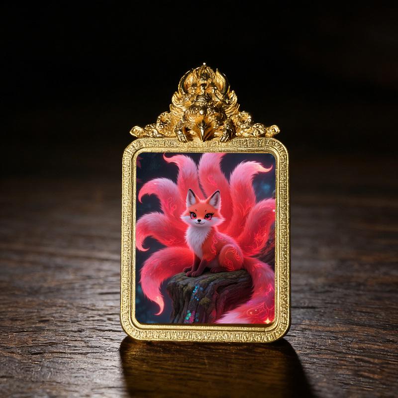 

Golden Titanium Steel Thangka Pendant - God of Wealth, Fox Immortal, Wolf King Colorful Painted Heart + Case