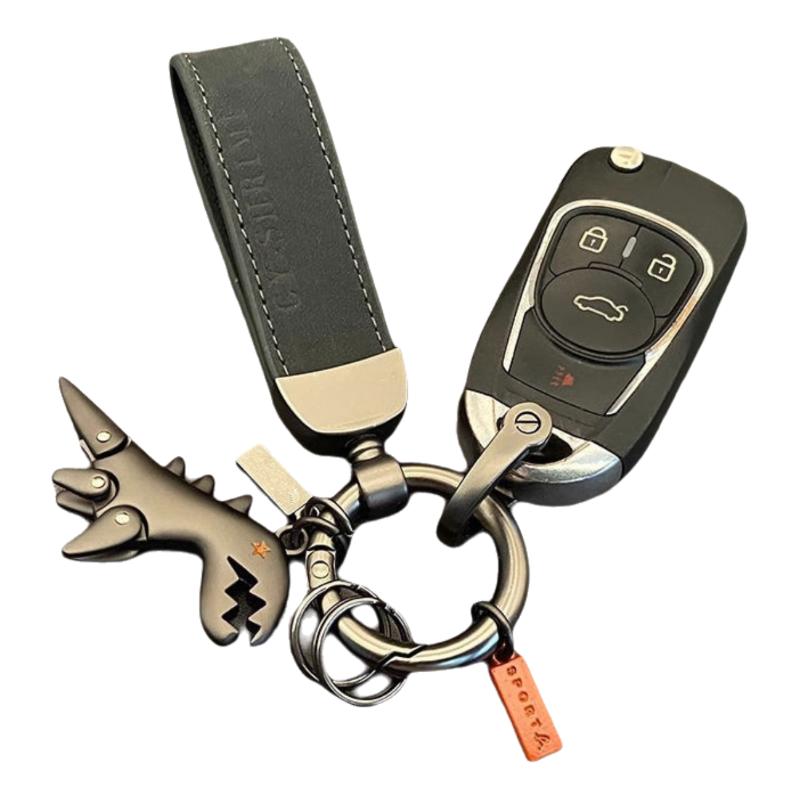 1Pcs Little Dinosaur Car Keychain Motorcycle Decoration Accessories Single Leather Woven Rope Metal Keyring Handbag Pendant