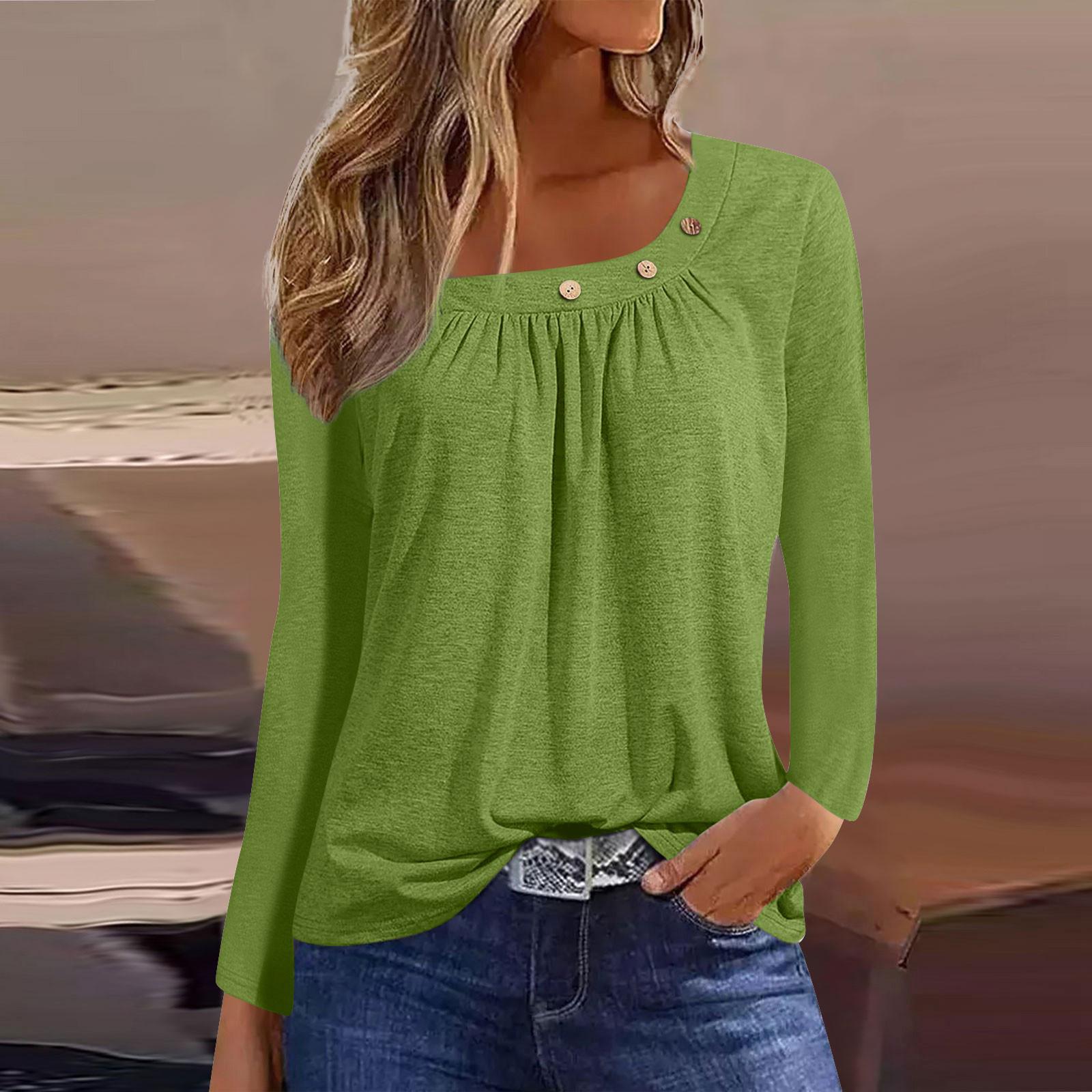 

Блузки с длинным рукавом для женщин, повседневная рубашка на пуговицах с круглым вырезом, однотонная блузка, топы, свободная посадка, осенняя рубашка, топ M зелёный