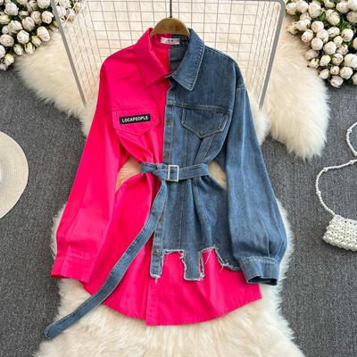 Vintage-Style Belted Denim Shirt for Women - Chic Casual Mid-Length Top
