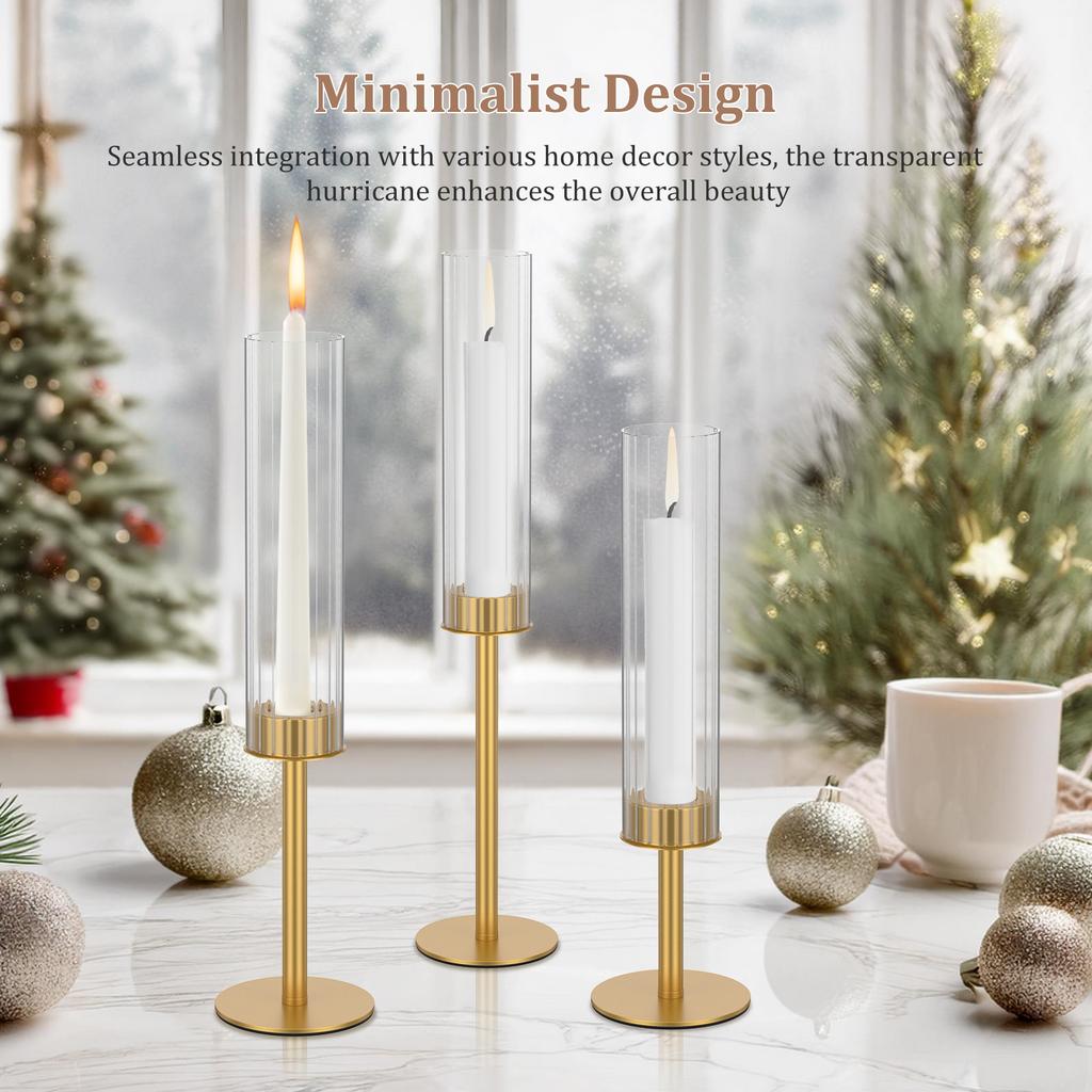 3Pcs Candlestick Holder Hurricane Candle Holder with Ribbed Glass Cylinder Windproof Tall Candlestick Holder for Table Fireplace