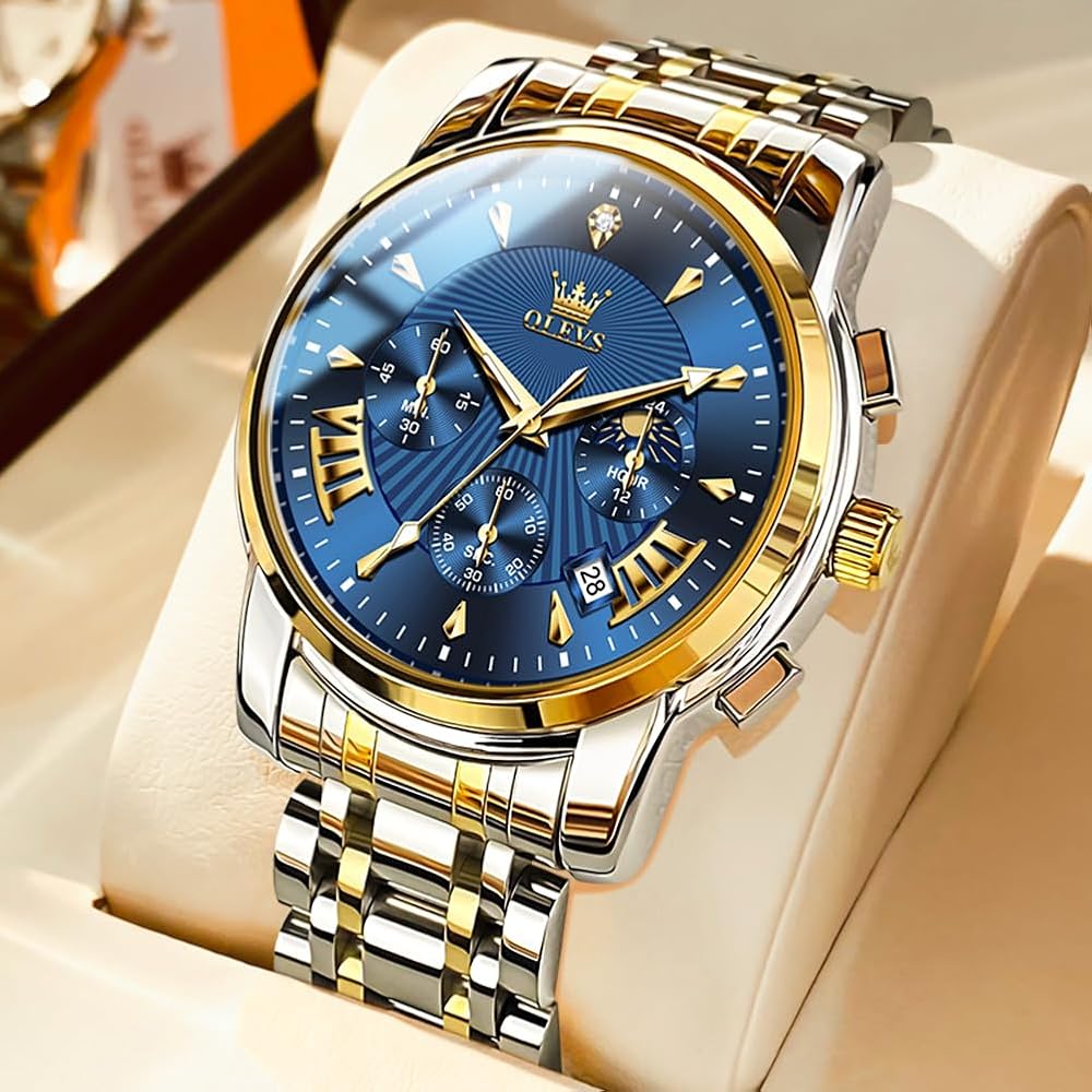 OLEVS Men's Chronograph Watch Blue Analog Waterproof Quartz Business Style Large Display
