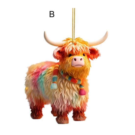 Christmas Cow Ornament Xmas Tree Cartoon Highland Cow Hanging Decorations 2D Flat Acrylic Pendant for Car Rearview Mirror Tree Decor
