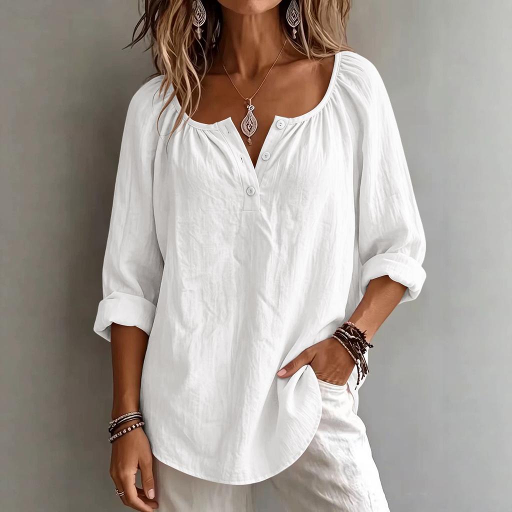 T-shirt décontracté à col en V et manches longues pour femme - Coupe ample - Pull - Haut de couleur