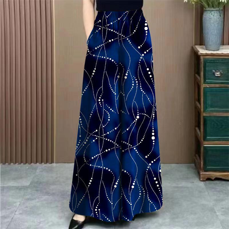 Plus Size Ice Silk Floral Print Wide Leg Pants Summer New High Waist Slimming Casual Elegant Mom Pants Skirt