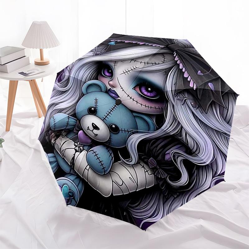 Gothic Doll, Teddy Bear Themed Automatic Opening and Closing Umbrella, Compact Travel Umbrella, Lightweight and Portable, Suitable for Beach