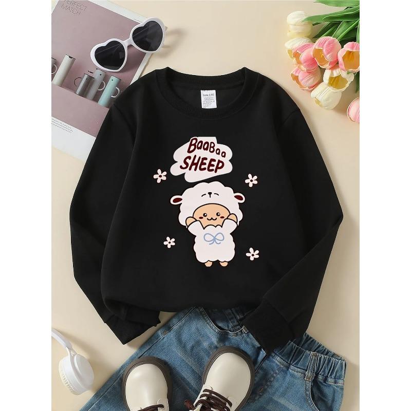 Crewneck Sweatshirt for Girls Featuring an Adorable Sheep Against a Floral Backdrop. It'S Machine Washable, Suitable for Spring And Autumn