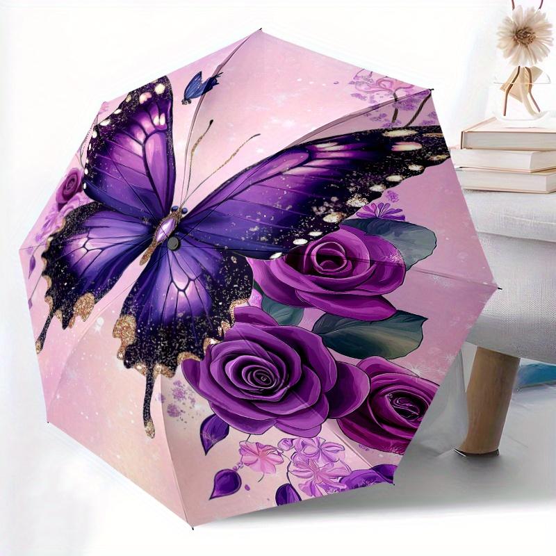 A Purple Butterfly Roses Floral Background Glitter Wings Pink Hues. Theme Print Umbrella, Featuring Automatic Folding,, And Sh