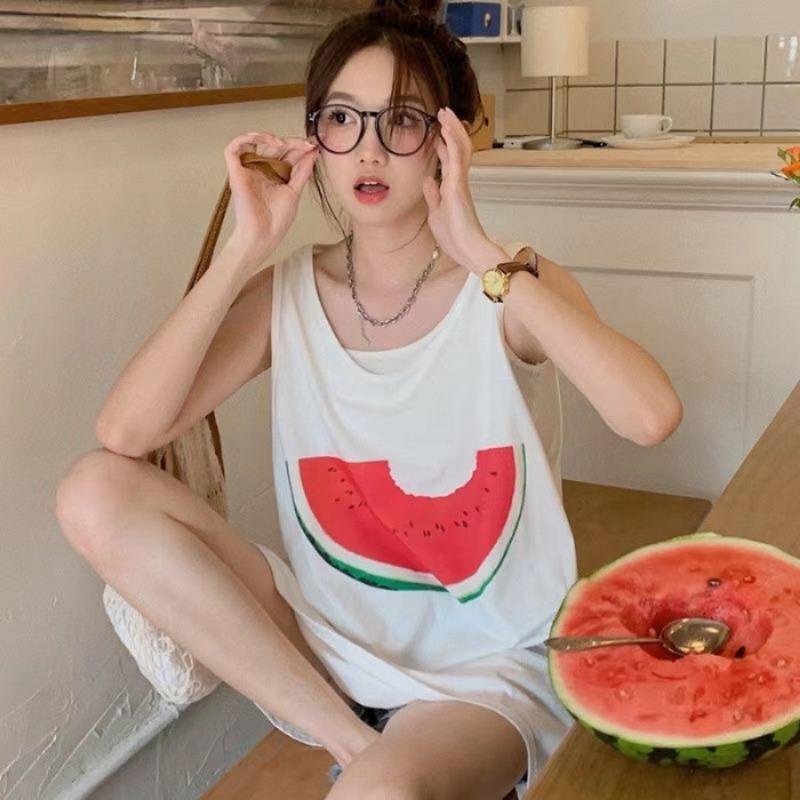 

Женская летняя майка с принтом, корейская, маленькая, свежая, свободная, тонкая, повседневная, без рукавов, короткая юбка 2XL