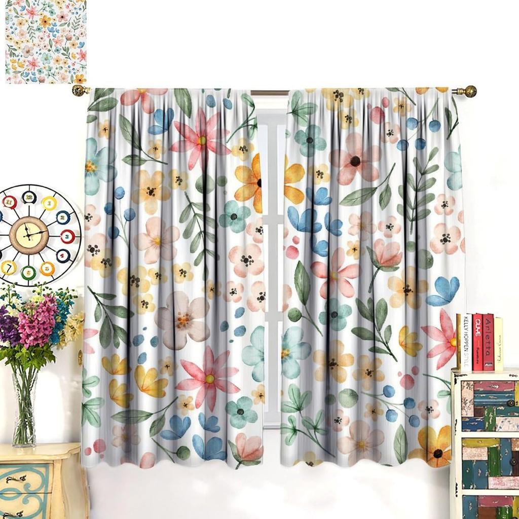 Farmhouse Watercolor Floral Window Curtains Rustic Colorful Flowers Pattern Drapes Living Room Bedroom Curtain With Blackout Polyester Perfect For