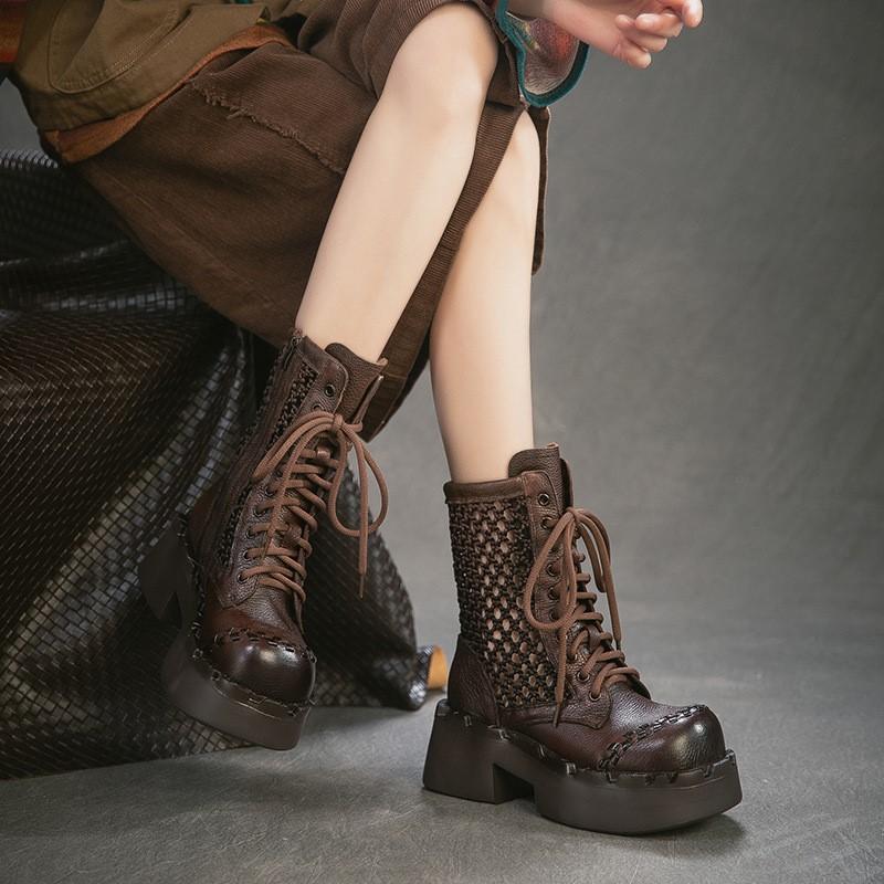 Johnature Hollow-out Boots Genuine Leather Patchwork Mesh Retro Thick Heel Women's Platform Shoes