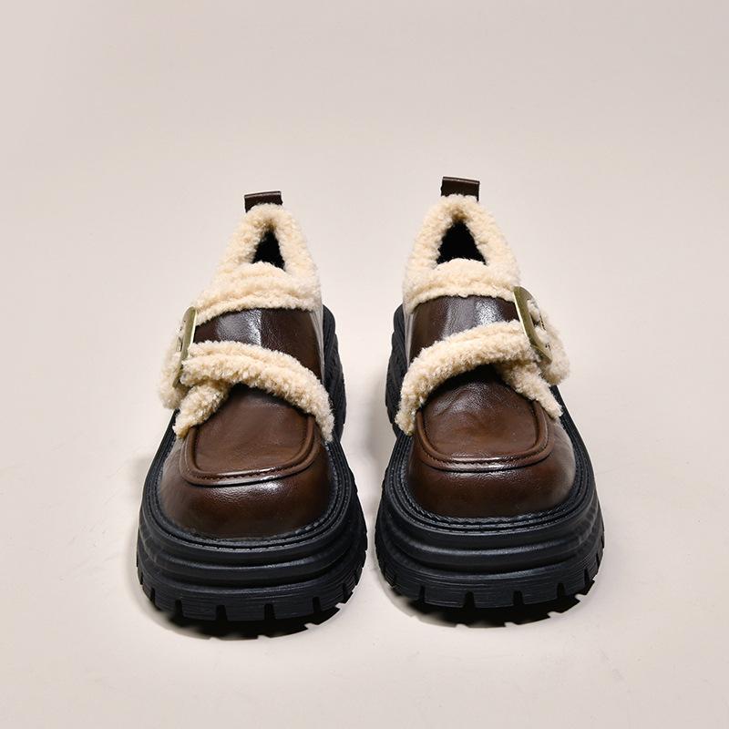 British Style Velvet Loafers Cotton Shoes for Women's 2025 Autumn and Winter New Thick-soled Thick-heeled Retro Fluffy Mary Jane Small Leather Shoes