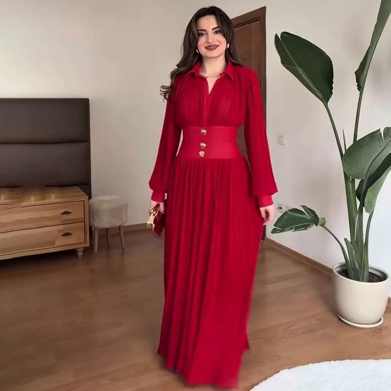 Women's Fashion Solid Color Long Sleeve Polo Collar Button Pleated Dress