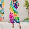 Women Plus Size V Neck Long Sleeve Colorful Printed Pockets A Line Midi Dress