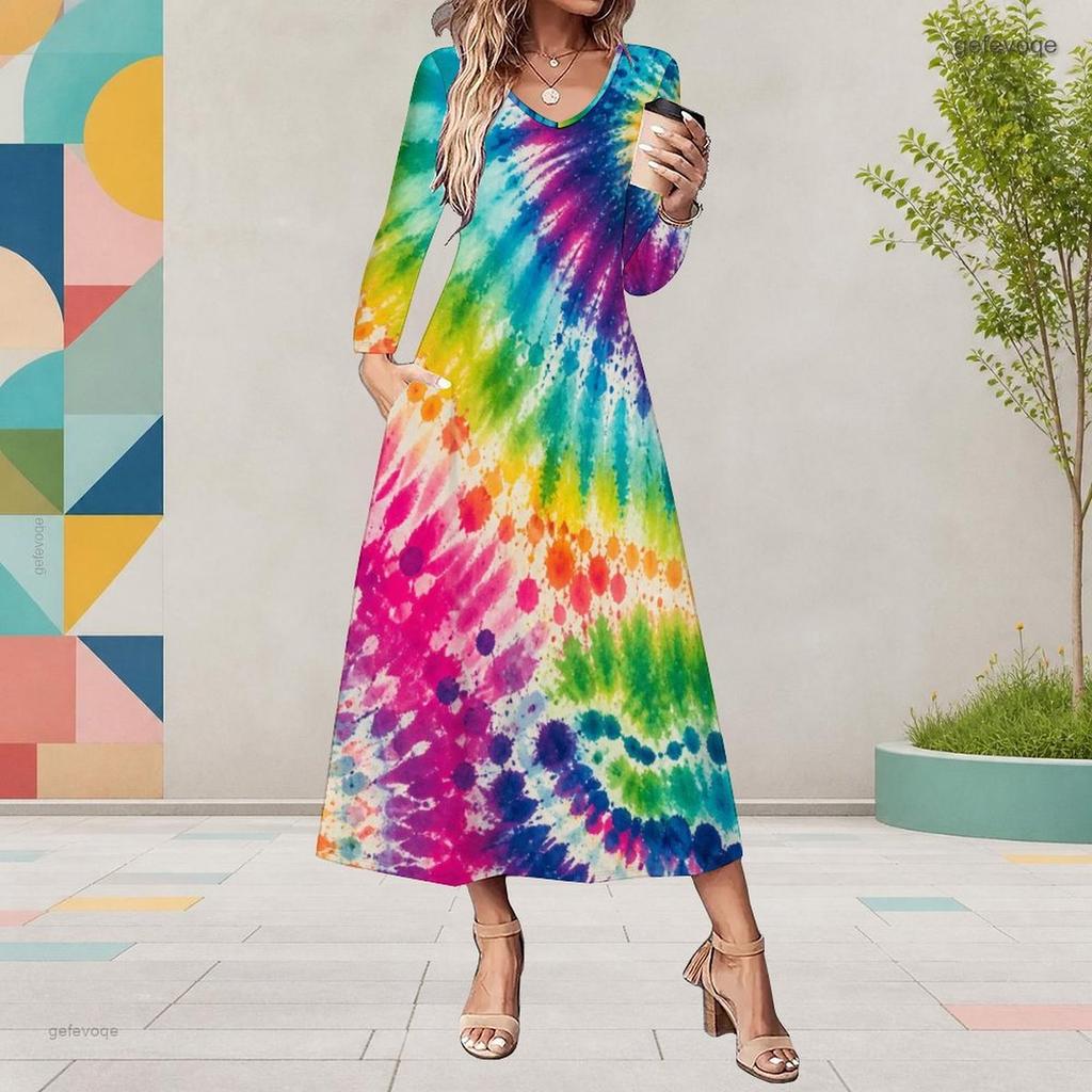Women Plus Size V Neck Long Sleeve Colorful Printed Pockets A Line Midi Dress