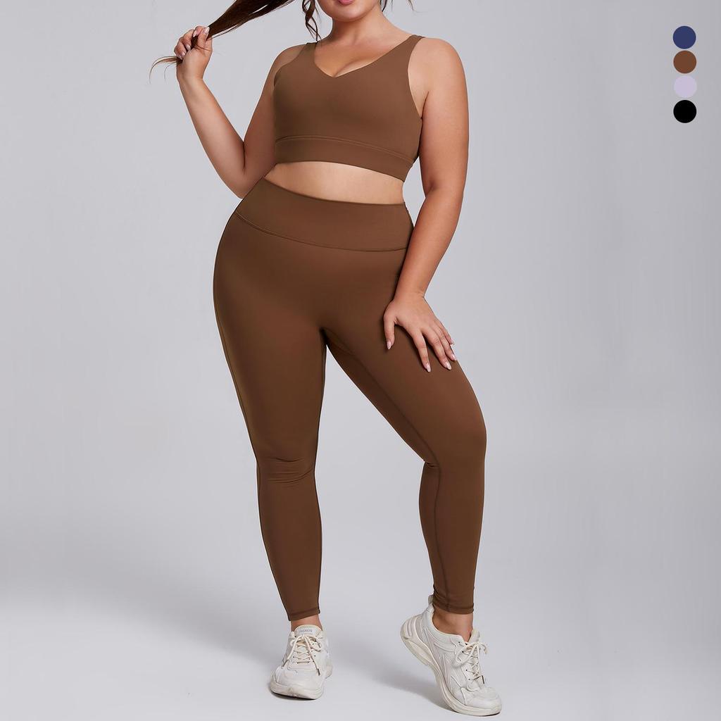 Plus Size High Elastic Yoga Suit: Women's Brushed Nude Feel Set with Shockproof Sportswear