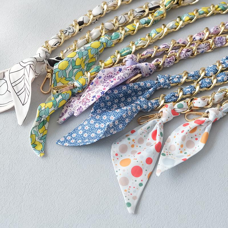 New Fashion Brand Woman Handbag Accessory Chains Detachable Floral Print Gold Silver Metal Silk Shoulder Strap Women DIY Chain Bag Handles