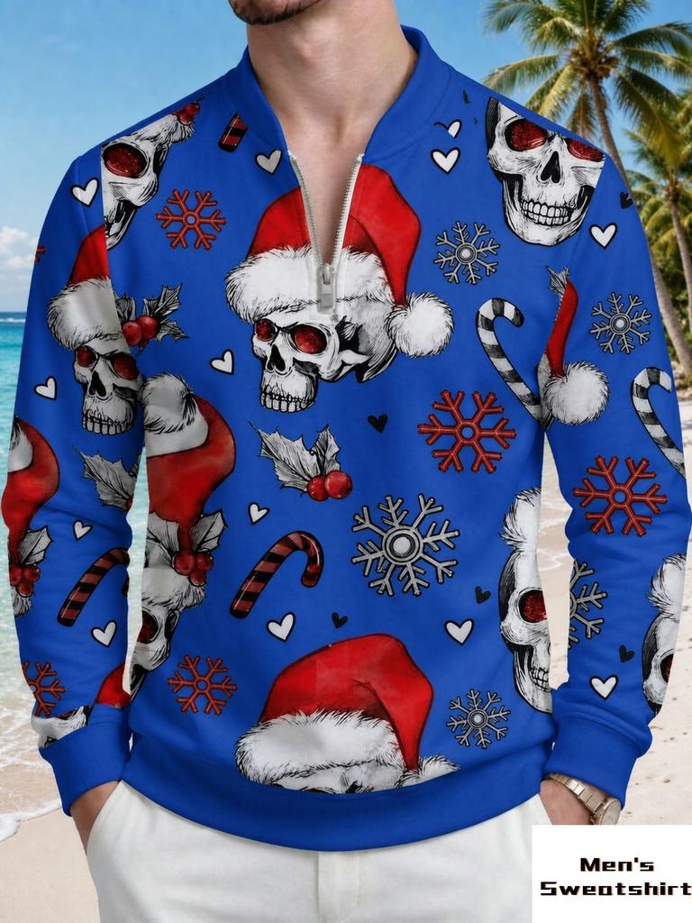 Christmas skull print half zipper long sleeved hoodie autumn men's clothing hoodie trendy and versatile style