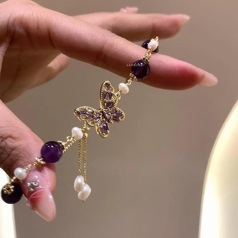 Amethyst Pearl Zircon Butterfly Pendant Necklace Fashion Light Luxury Bracelet Personality Temperament Necklace Jewelry Women's High Sense