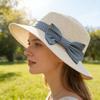 Beach Straw Hat Flat Top Wide Brim Sun Protection Hat with Striped Print Ribbon Bow Hand-Woven Breathable Summer Hat