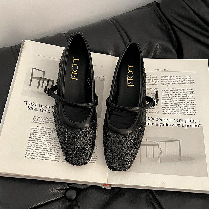 Hollow and breathable casual shoes woven square head Mary Jane shoes women's summer new fashion versatile retro