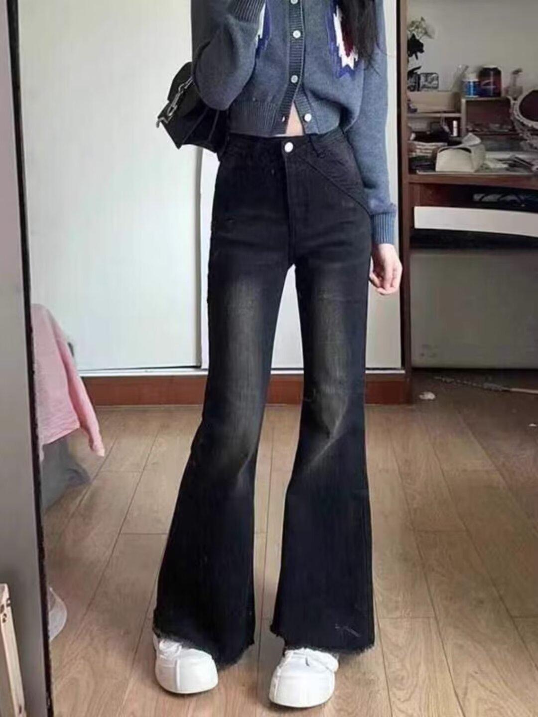 

Ретро джинсы клеш с высокой талией, черного и серого цвета, с необработанным краем и эластичной тканью - Маленький стройнящий крой, длина до пола 5X-Large черный серый