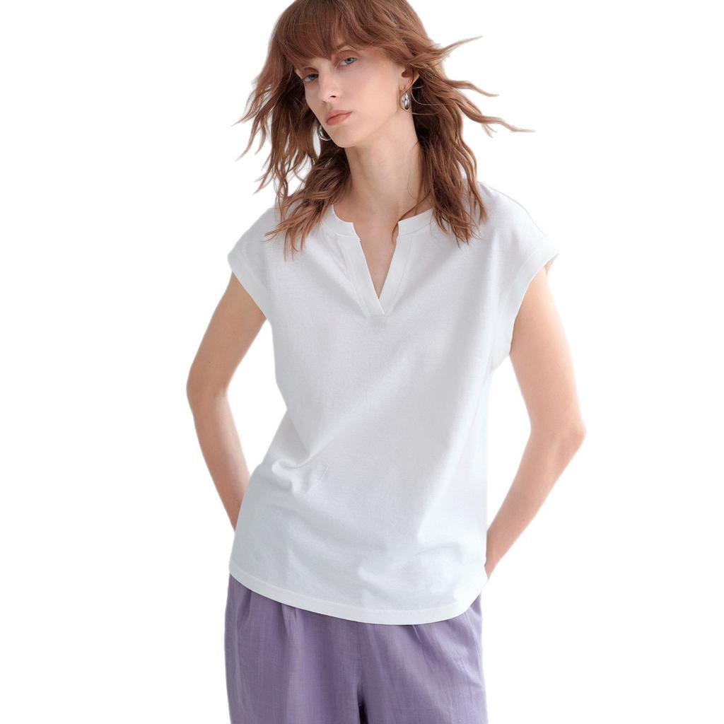 [Limited-time special offer] Quiet luxury hemp T-shirt, relaxed small V-neck shoulder-sleeved cotton and linen T-shirt, women's summer simple short sl