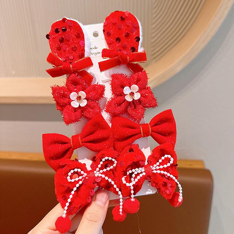 8Pcs/Set Kids Red Bows Hair Clips For Baby Girls Handmade Ribbon Bowknots Hairpins Barrettes  Year Christmas Hair Accessories