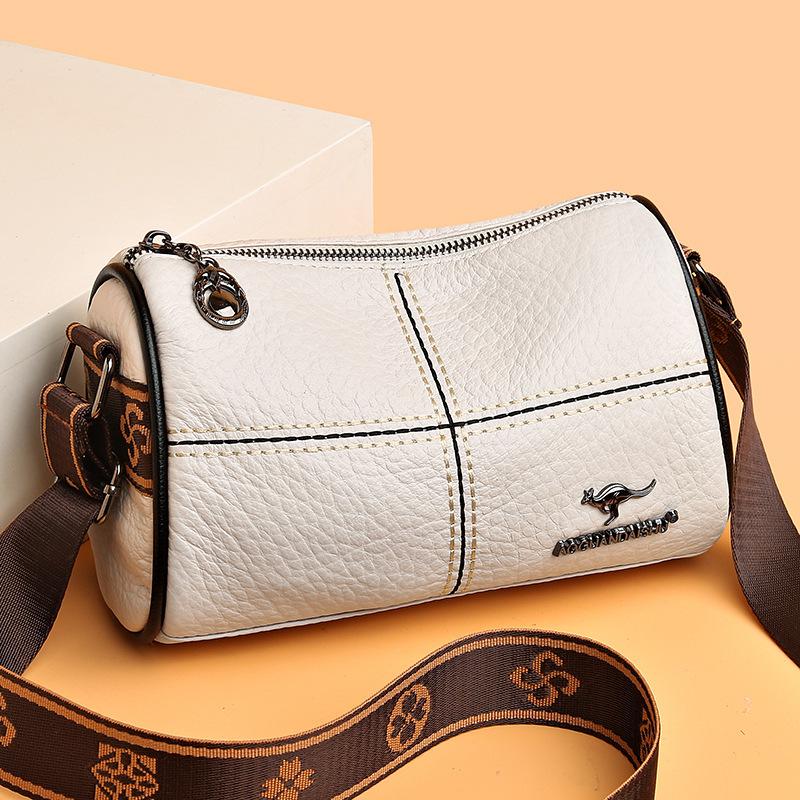 Dámská taška přes rameno z vrchní vrstvy hovězí kůže, ležérní kožená crossbody taška s prošíváním, široký ramenní popruh, válcová taška s vyšívanou nití