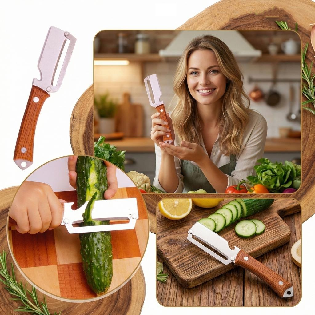 Multipurpose Kitchen Peeler with Stainless Steel Blade and Ergonomic Wooden Handle for Efficient Vegetable and Fruit Preparation