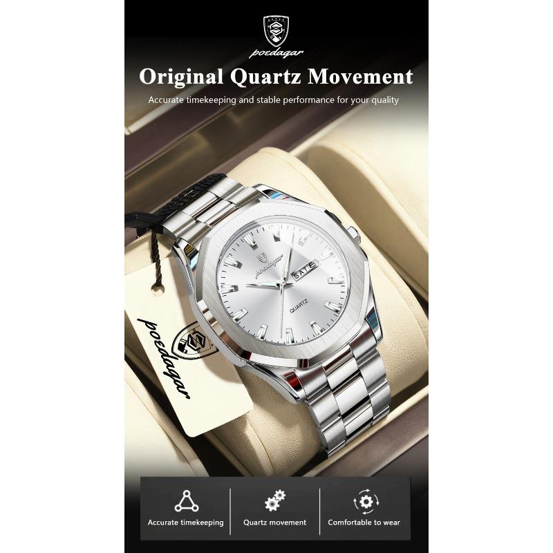 POEDAGAR Luxury Men Wristwatch Waterproof Luminous Week Date Casual Clock Stainless Steel Quartz Fashion Watches Reloj