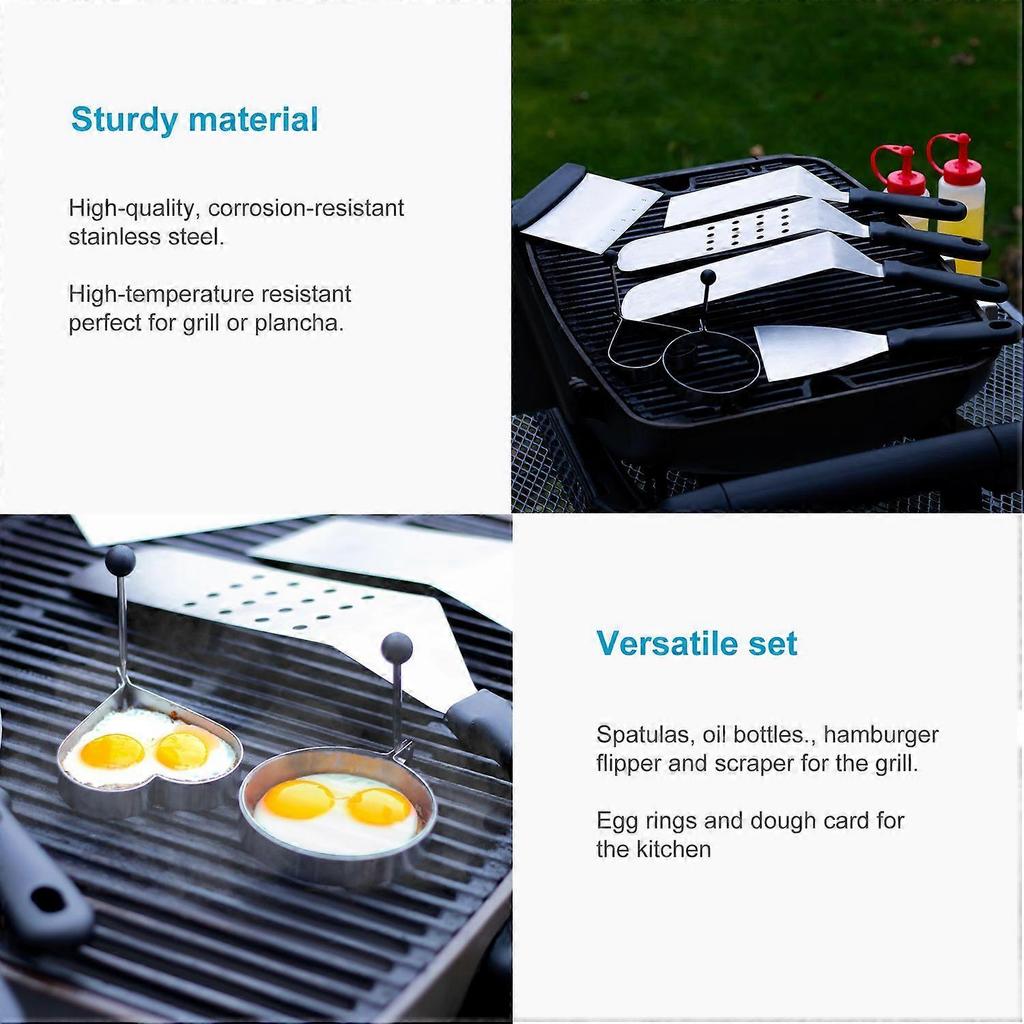 Stainless Steel Grill Cutlery Set - 2 Spatulas, 2 Bottles, 2 Egg Rings, 1 Hamburger Turner, 1 Scraper and 1 Dough Card (9 Pieces)