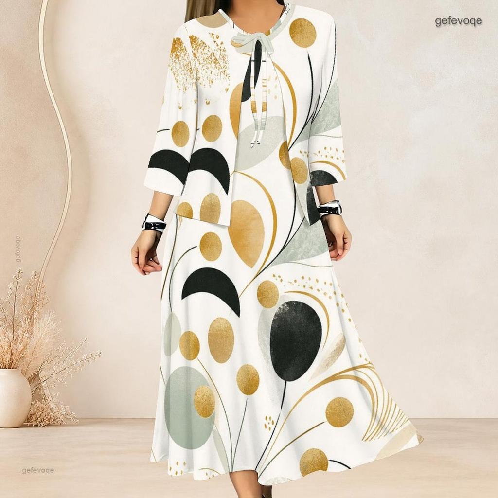 Женский Комплект из Двух Предметов: Длинное Платье Большого Размера с Цветочным Принтом, Завязками на Шее и Рукавами Три Четверти