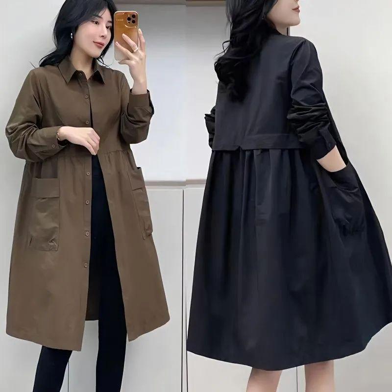 Solid Color Mid-Length Trench Coat - Spring/Autumn Korean Fashion Loose Fit Outerwear
