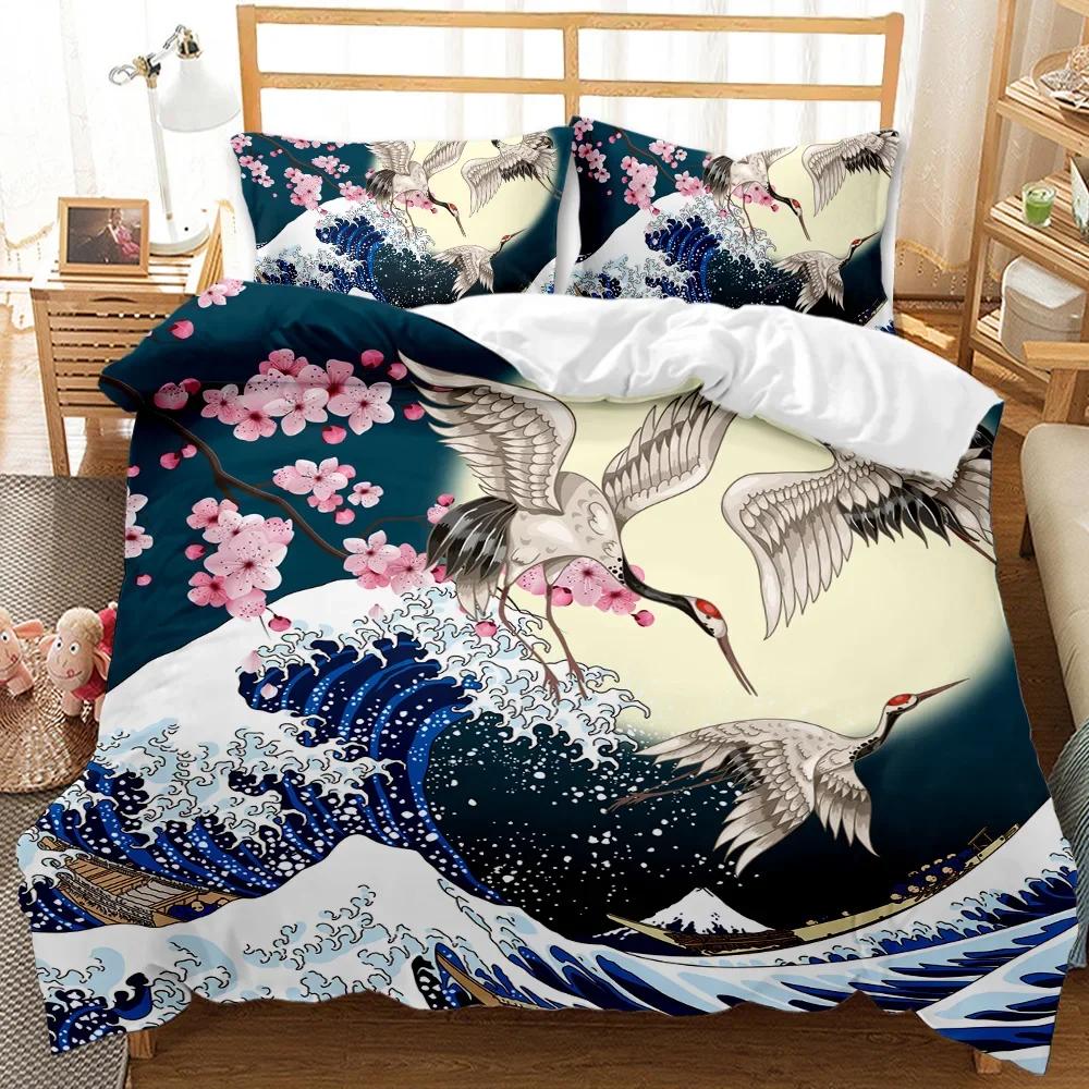Japanese Style Comforter Cover Set Cherry Blossoms Crane 2/3Pcs Polyester Bedding Set Sea Waves Duvet Cover Set Twin Queen Size