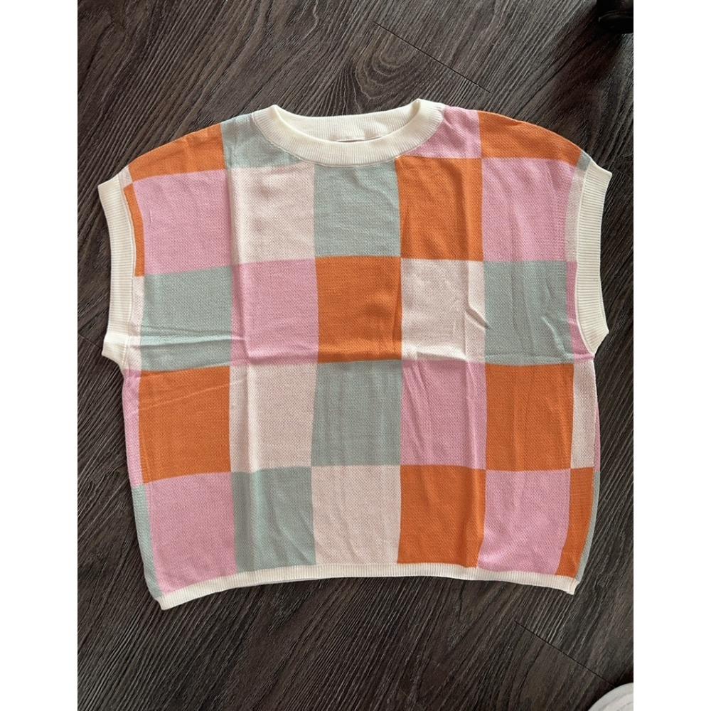 Summer and Autumn Crop Exposed Short Sleeved Color Block Round Neck Knitted Checkerboard Short Women's Sweaters