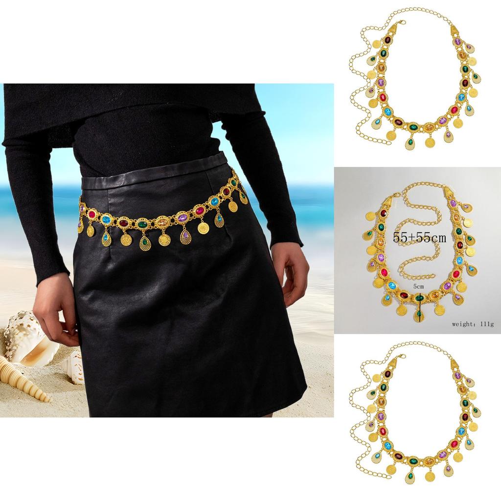 Arabic Jewelry Gold Alloy Acrylic Gem Waist Belt With Hollow Decor For Women Summer Style