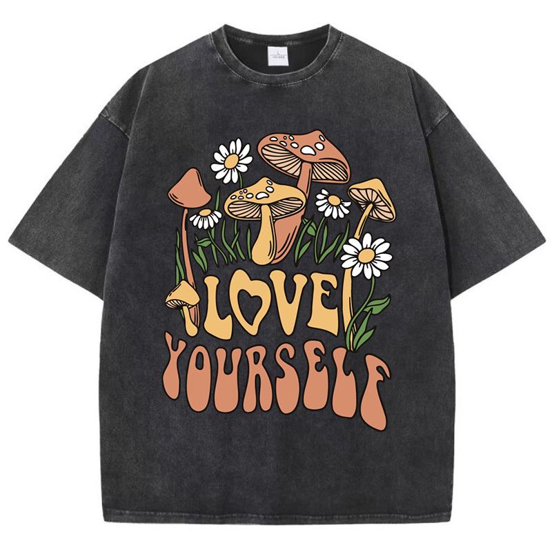 Love Yourself Mushrooms Flowers Printed Women Washed T Shirt Summer Cotton T-Shirts Loose Y2K Clothe Crewneck Short Sleeves