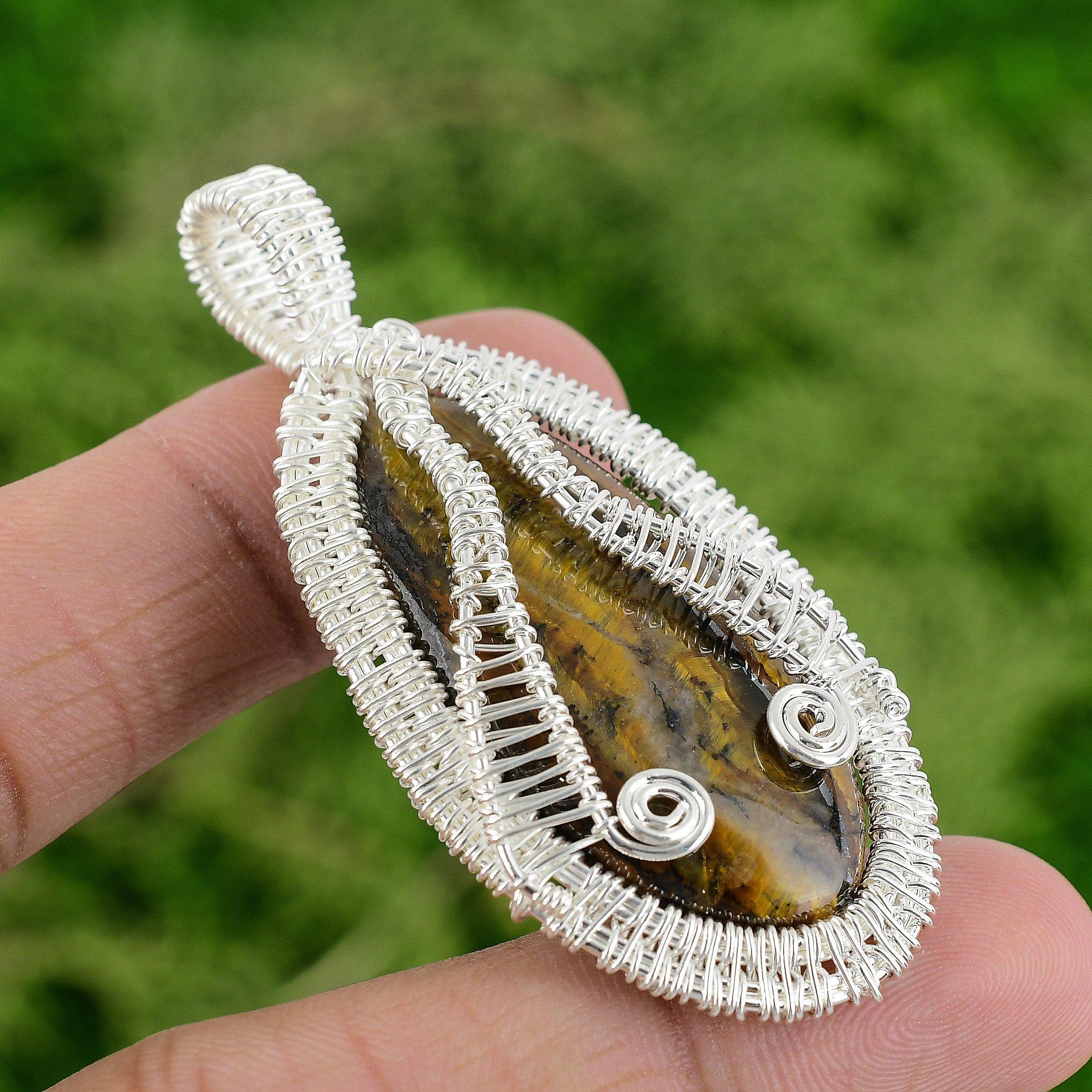 

925 Sterling Silver Sacral Chakra Tiger s Eye Gemstone Wire Wrap Pendant Jewelry