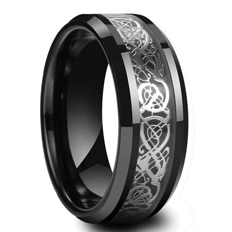 Fashion 8mm Men's Stainless Steel Celtic Dragon Ring Inlay Red Green Black Carbon Fiber Ring Wedding Band Charm Jewelry Gifts