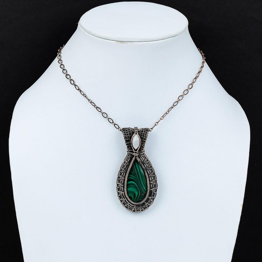 Malachite & Moonstone Gemstone Pendant Handmade Jewelry, 999 Copper Wire Wrapped Pendant Jewelry
