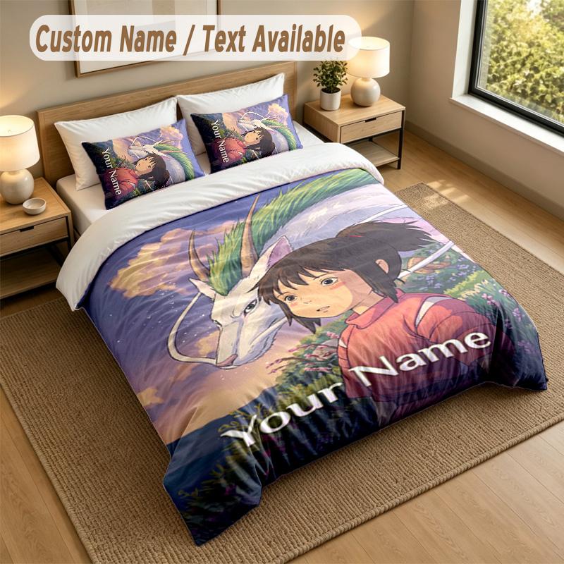 3Pcs Bedding Set Custom Name Text, 1 Sheet 2 Pillowcases Home Bed DecorSpirited Away